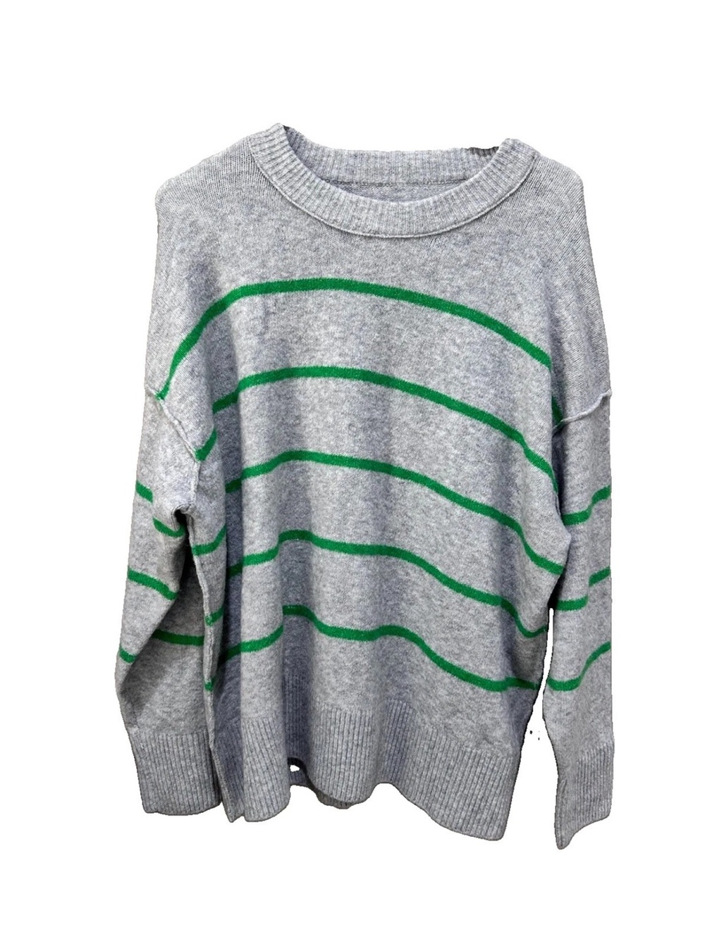 Aerie Gray & Green Striped Crewneck Sweater Oversized Soft Knit Size L